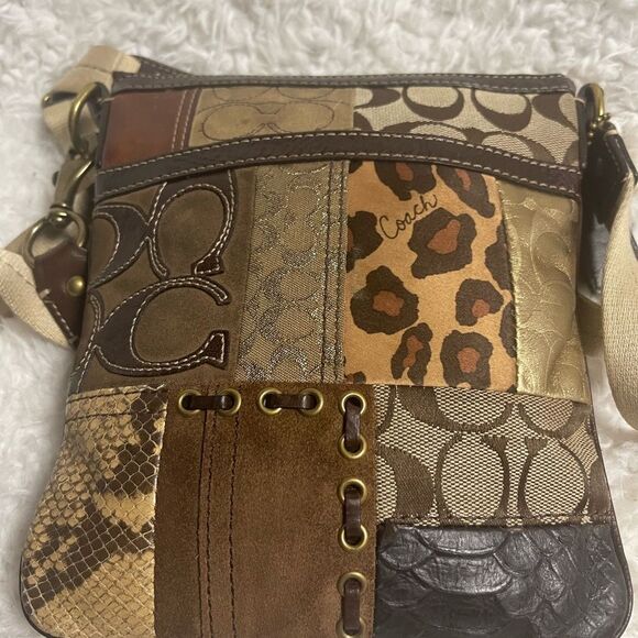 COACH Brown/Gold Metallic Signature Patchwork crossbody bag. - Picture 11 of 15
